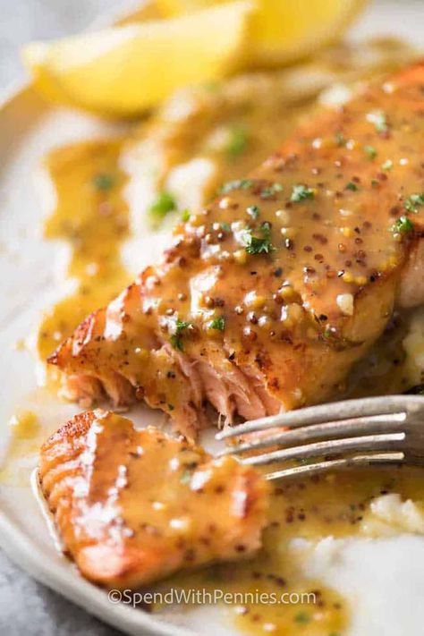 This Honey Mustard Salmon is a life saver for busy weeknights! Incredibly simple to make, it's quite amazing how so few ingredients can transform into something so tasty. Salmon Mustard, Honey Mustard Salmon Recipes, Honey Mustard Salmon, Mustard Salmon, Spend With Pennies, Baked Salmon, Fish Dishes, Honey Mustard, Salmon Recipes