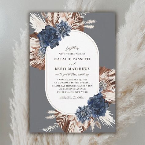 $2.92 | Elegant Boho Navy and Brown Florals Oval Wedding #wedding, floral, elegant, rustic, boho, navy, brown, boho wedding invitations, navy wedding invitations, pampas grass Brown Boho Wedding, Oval Wedding Invitation, Boho Floral Arrangements, Brown Wedding Themes, Wedding Invitations Navy, Champagne Wedding Colors, Boho Wedding Invitation Template, Taupe Wedding, Tan Wedding