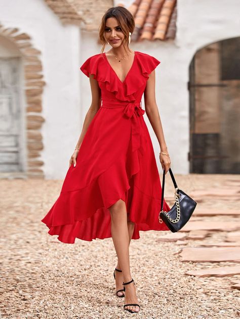 Solid Ruffle Trim Belted Wrap Dress | SHEIN USA Belted Wrap Dress, Long Formal Gowns, Business Formal Dress, Coachella Dress, Formal Dresses Gowns, Belted Midi Dress, Long Evening Gowns, Silk Gown, Vestidos Vintage