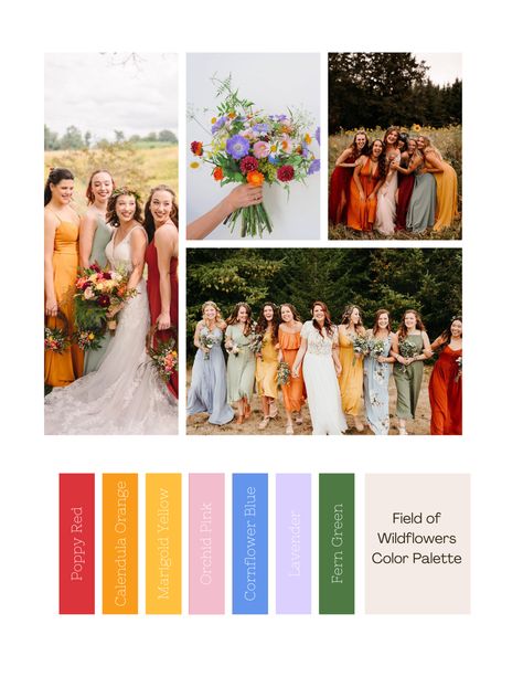 Whimsical Color Palette Wedding, September Wedding Colors Bridesmaid Dress, Bright Wedding Colour Schemes, Wild Flower Wedding Theme Bridesmaid Dresses, Fall Wildflower Color Palette, Bright Fall Bridesmaid Dresses, Light Jewel Tone Wedding, Multicolor Bridesmaid Dresses Summer, Muted Rainbow Color Palette Wedding