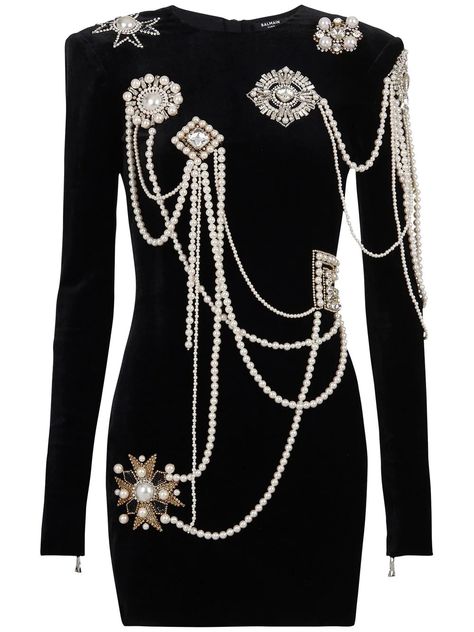 Balmain Outfits Women, Dress With Pearls Detail, Balmain Runway, Bling Outfits, Bold Clothing, Velvet Dress Short, Drag Queen Outfits, Balmain Fashion, Balmain Clothing