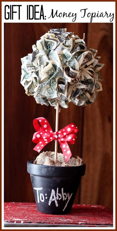 Money Topiary Gift Idea - graduation gift idea Diy Topiary, Money Folding, Gift Tutorial, Cash Gifts, Topiary Tree, Graduation Money, Gift Money, Money Gifts, Creative Money Gifts