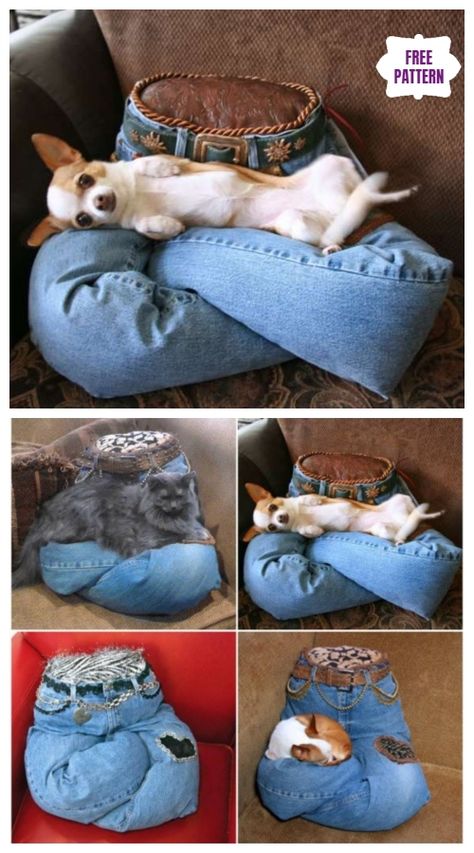 DIY Portable No Sew Recycled Jean Pet Pillow Tutorial Jean Diy, Jeans Crafts, Pet Pillow, Diy Jeans, Blue Jeans Crafts, Pillow Tutorial, Jean Crafts, Recycled Jeans, Recycle Jeans