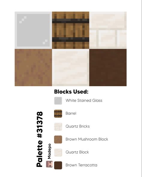 Minecraft block palette including white stained glass, barrel, quartz brick, brown mushroom block, quartz block, and brown terracotta! Follow for more :) natural, nature, aesthetic, cute, mcyt, mc, neutral, simple Minecraft Palates, Minecraft Palettes, Minecraft Block Palette, Minecraft Pallets, Block Pallets, Rumah Minecraft Sederhana, Minecraft Things, Minecraft Blocks, Building Inspiration