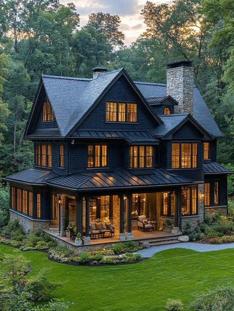 Farmhouse Vibes Farmhouse Exterior Black, Dark Mountain House, Farmhouse Dark, Moody Farmhouse, Black Homes, Black Modern Farmhouse, Farmhouse Vibes, Lake Houses, Black Farmhouse