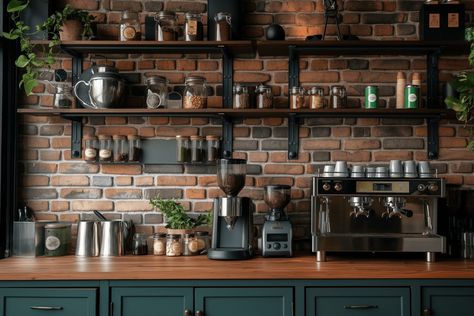 23 Dreamy Coffee Bar Ideas For Your Home Bar Brick Wall, Wall Coffee Bar, Coffee Bar Inspiration, Small Kitchen Colors, Kitchen Cabinet Kings, Coffee Bar Ideas, Beverage Bar, Rental Kitchen, Bar Inspiration