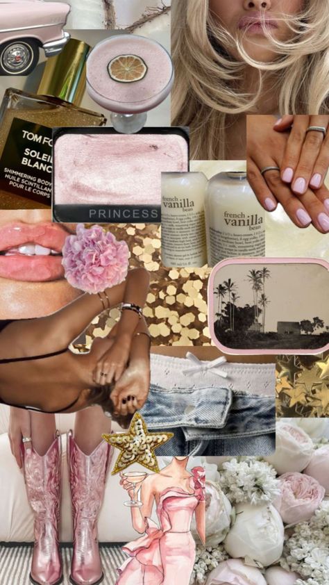 #vibes #fyp #preppy #stockholmstyle #pink #summer #fashion #swiftie #beach #pinkpalmpuff #aesthetic #thatgirl #malibu #california #caligirl #la #westcoast #eastcoast #pink Pink Girl Wallpaper, Evening Eye Makeup, Vision Board Collage, Shimmer Body Oil, Magazine Collage, Pink Aura, Gold Aesthetic, Malibu Barbie, Copenhagen Style