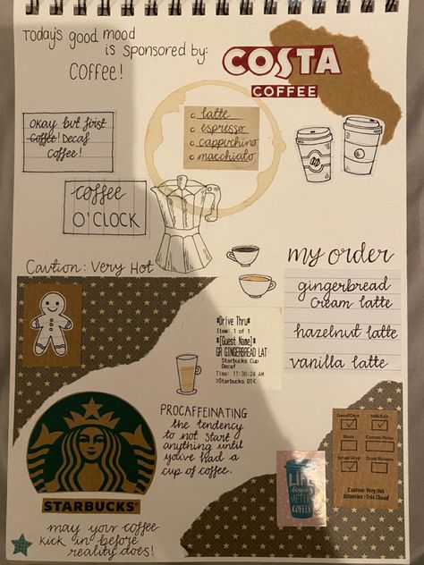 Starbucks Journal Ideas, Bestie Journal Page Ideas, Coffee Journal Ideas, Cafe Journaling, Coffee Journal Aesthetic, Coffee Scrapbook Ideas, Starbucks Journal, Croquis Cafe, Coffee Theme Journal Ideas