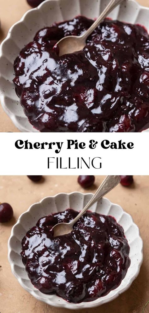 This delicious cherry filling is thick, sweet, and flavorful- perfect for filling cherry cakes, pies, cupcakes, tarts, and more! It's easy to make in under 15 minutes with ingredients you probably already have in your pantry. Cherry Filling For Cake, Cherry Cake Filling Recipes, Cherry Frosting Recipe, Lemon Recipes Dinner, Cherry Curd, Orange Cake Filling, Cupcake Fillings, Cherry Filling Recipes, Cherry Cake Filling