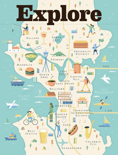 Map illustration: A step by step guide | Creative Bloq Maps Illustration Design, City Guide Layout, City Maps Illustration, City Guide Design, Seattle Map, Illustration Map, Create Your Own Map, Digital Art Software, Visit Seattle