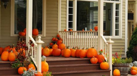 Fall is steadily approaching, time for cozy sweaters, pumpkin picking, and decorating! Here are some great fall decor ideas to help decorate your porch. #homeinspo #decor #fall #porch #decking #fallideas #home #cozy #ideas #porchideas #porchdecorations #decorations #halloween #falldecor Pumpkins On Porch, Vintage Halloween Prints, Fall Porch Decor Ideas, Diy Halloween Ghosts, Yard Inflatables, Fall Porch Decor, Porch Pumpkins, Creepy Houses, Porch Steps