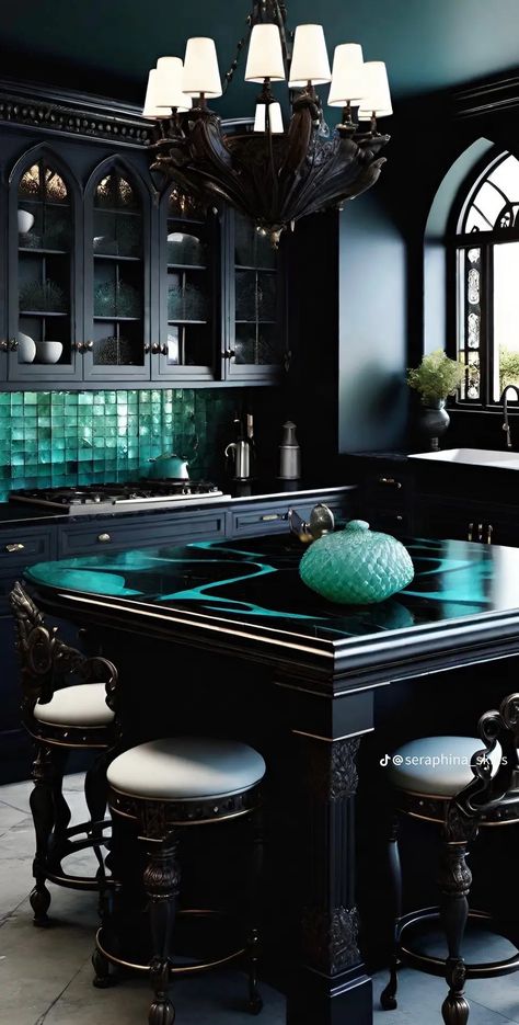 Goth Kitchen Ideas, Kitchen Teal, Dark Maximalism, Goth Kitchen, Fun Room, Black White Kitchen, Fantasy Rooms, Dark Home Decor, Luxury House Interior Design