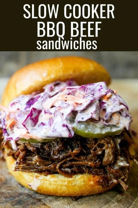 Slow Cooker BBQ Beef Sandwiches Tender seasoned slow cooked beef basted in BBQ sauce and sandwiched between brioche buns and topped with a crunchy coleslaw. www.modernhoney.com #bbqbeef #bbq #crockpot #slowcooker Slow Cooker Bbq Beef Sandwiches, Slow Cooker Shredded Beef Sandwiches, Crockpot Bbq Beef Sandwiches, Shredded Bbq Beef Crockpot, Beef On A Bun Slow Cooker, Bbq Sandwiches Crockpot, Brioche Buns Sandwiches, Bbq Beef Recipes, Pulled Sandwiches