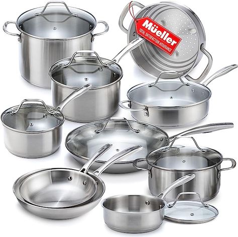 This cookware set is a complete kitchen in a box! Simmer, sauté, fry, boil or braise to your heart's content! Includes 1, 2 and 3qt saucepans, 8”, 10” and 12” skillets, large 3.5qt sauté pan, 4.5qt Dutch oven, versatile 8qt stock pot as well as a multi-tiered steamer insert that fits all saucepans and interchangeable lids. Each pan is suitable for oven and stovetop cooking, including induction. Stainless Steel Cookware Set, Kitchen Cookware Sets, Professional Cooking, Induction Cookware, Cookware Set Stainless Steel, Saucepans, Stainless Steel Pot, Pots And Pans Sets, Cooking Set