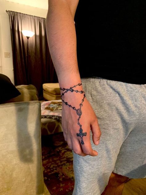 Rosary Tattoo On Hand, Cross Tattoo On Hand, Tattoo Design For Hand, Rosary Tattoo, Simple Tattoos For Guys, Cross Tattoo For Men, Pretty Hand Tattoos, Wrist Tattoos For Guys, Neck Tattoo For Guys