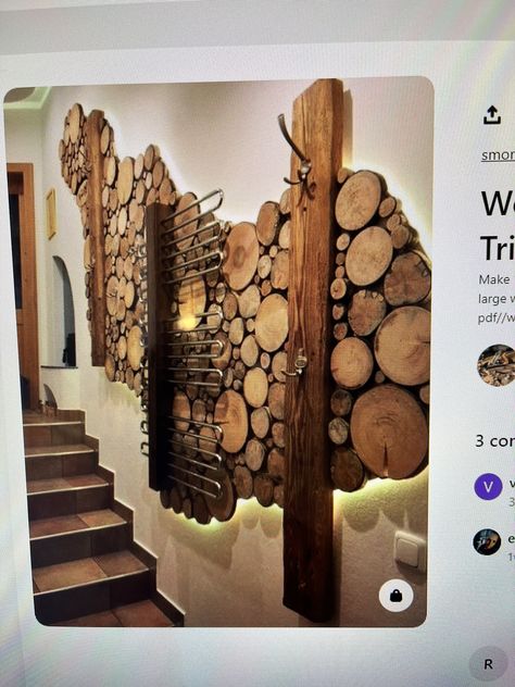 Log Walls Interior, Wood Decor Wall, Wood Slice Wall, Large Wood Slices, Hallway Ideas Green, Modern Hallway Ideas, Log Wall, Outdoor Wood Furniture, Driftwood Wall