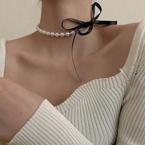 Collar For Women, Black Velvet Bow, Engagement Necklaces, Ribbon Choker, Beaded Collar Necklace, Chain Collar, Double Necklace, Black Choker Necklace, French Retro