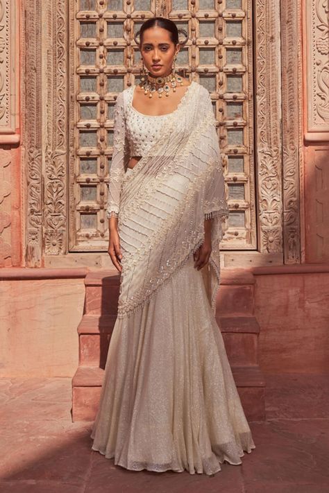 Buy Ivory Silk Embroidery Shubh Ganga Utsav Pre-draped Lehenga Saree With Blouse For Women by Nidhika Shekhar Online at Aza Fashions. Drape Lehenga, Lehenga Sari, Fish Cut, Sari Lehenga, Drape Sarees, Georgette Saree With Blouse, Full Sleeve Blouse, Drape Saree, Ready To Wear Saree