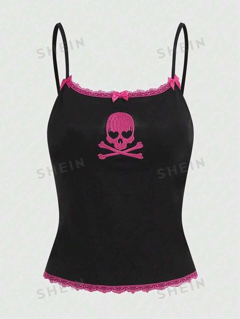 Kawaii Skull, Lace Skull, Skull Embroidery, Scene Outfits, Black Cami Top, Punk Outfits, Pajama Sets, Dream Clothes, Bow Detail