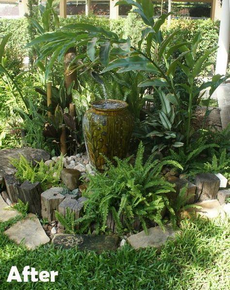 Thai garden water fountain corner space fern foliage ideas landscaping Lakehouse Garden, Bubble Fountain, Diy Garden Decorations, Diy Wood Decor, Thai Garden, Landscaping Water Feature, Tropical Gardening, Tropical Backyard Landscaping, Small Tropical Gardens