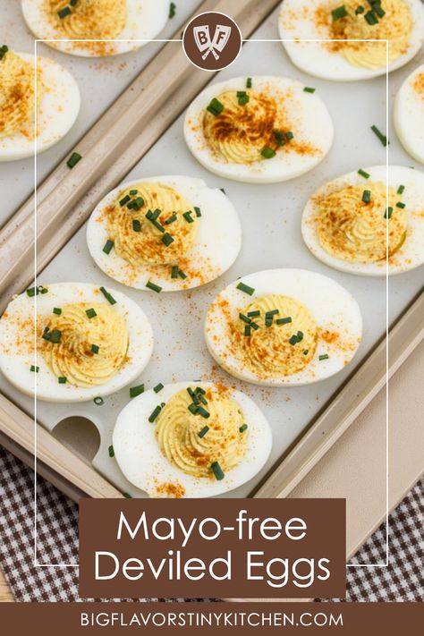 Overhead view of a platter of mayo-free deviled eggs. Mayo Free Deviled Eggs, Deviled Eggs With Greek Yogurt, No Mayo Deviled Eggs, Deviled Eggs Without Mayo, Deviled Eggs No Mayo, Healthy Deviled Eggs, Deviled Egg Recipe, Classic Deviled Eggs, Deviled Eggs Recipe Classic