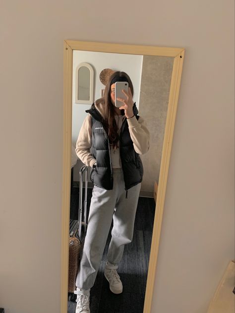 Vest And Sweatpants Outfit, Columbia Vest Outfit, Outfit With Sweatpants, Sweater Vest Outfit, Columbia Vest, Sweats Outfit, Dream Future, Columbia Shoes, Adidas Forum