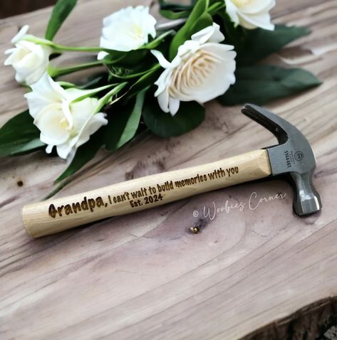 16oz wood hammer with a personalized baby announcement revealing his new role as a Grandpa Your Going To Be A Grandpa Announcement, Unique Pregnancy Announcement Ideas Grandparents, Pregnancy Announcement To Dad Grandpa, Grandma Pregnancy Announcement Gift, Unique Pregnancy Announcement To Husband, Surprise Pregnancy Reveal To Husband, First Grandchild Announcement, Pregnancy Announcement To Parents Grandparents, Hunting Baby Announcement