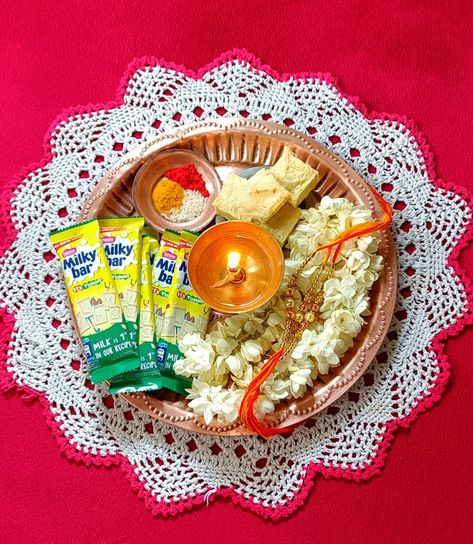 Pooja thali Raksha Bandhan Thali Decoration, Rakshabandhan Thali Decoration, Rakhi Thali, Thali Decoration Ideas, Thali Decoration, Happy Raksha Bandhan, Happy Rakshabandhan, Handmade Wall Art, Raksha Bandhan