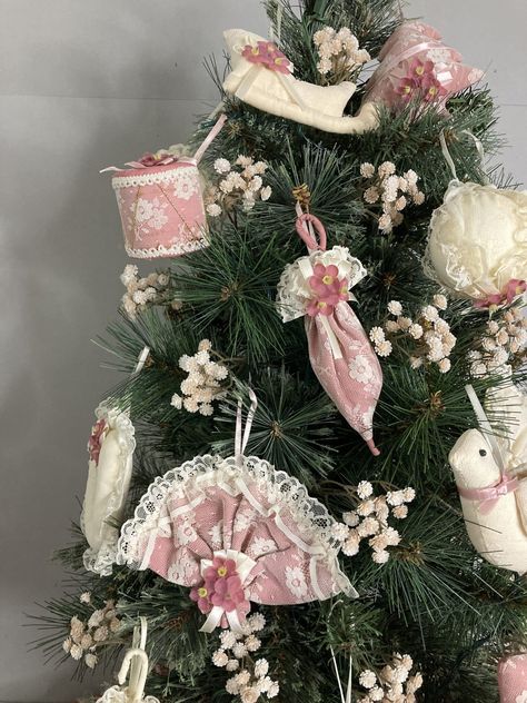 Victorian Revival Satin and Lace Christmas Tree Ornaments Plus Topper and Silk Balls Diy Victorian Christmas Ornaments, Victorian Christmas Ornaments Handmade, Pink Victorian Christmas Tree, Victorian Tree Toppers, Victorian Christmas Tree Topper, Victorian Tree Topper, Victorian Christmas Ornaments Target, Lace Ornaments, Lace Christmas Tree