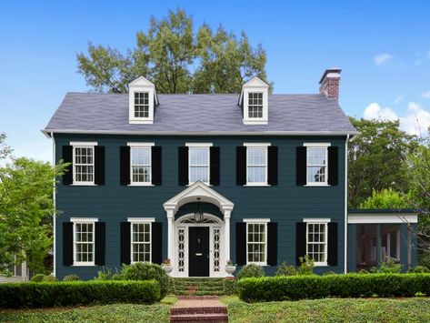 Navy Blue House Exterior White Trim Black Shutters, Houses With Black Shutters And Doors, Black Shutters Blue House, Blue And Black Exterior House, Homes With Shutters Exterior Colors, Navy Colonial House Exterior, Shutters On Blue House, Dark Blue House With Black Trim, Black Window Trim Exterior Color Schemes