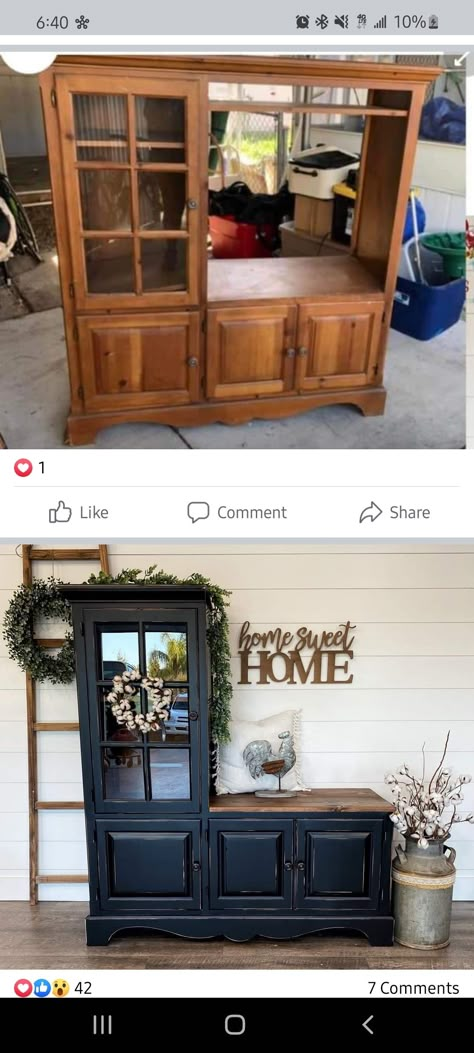 Repurposed Entertainment Center Ideas Farmhouse, Refurbished Tv Stand Diy, Refinished Entertainment Center, Old Tv Stand Repurpose, Upcycle Entertainment Center Ideas, Refurbish Entertainment Center, Repurposing Furniture Ideas, Entertainment Center Flip, Repurpose Entertainment Center Ideas