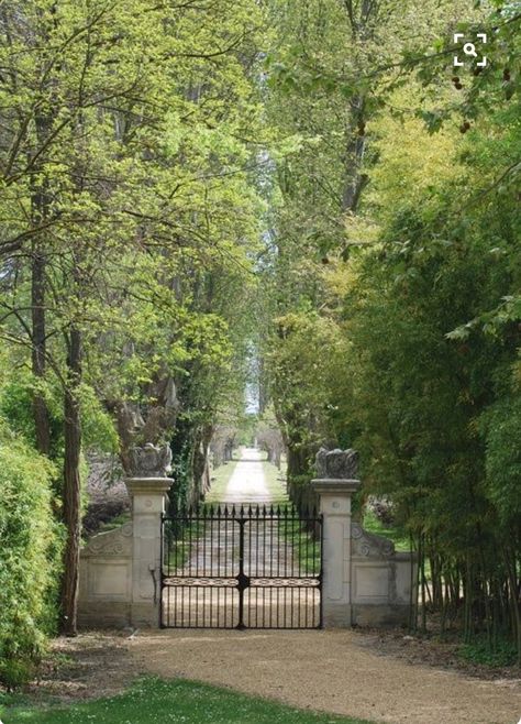 Love this gate and tree-lined road. Can't see the home, leaves it to the imagination... Driveway Entrance, Front Gates, Driveway Gate, Iron Gate, Entrance Gates, Avignon, Alam Yang Indah, A Park, Garden Gates