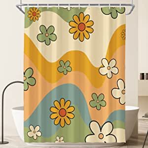 Retro 70s Aesthetic, Bathroom Decor Colorful, Aesthetic 70s, Vintage Shower Curtain, Retro Shower Curtain, Modern Bathtub, Green Shower Curtains, Bathtub Decor, Stall Shower Curtain