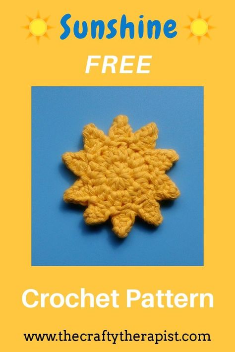 Quick easy crochet sun. Perfect as an applique motif or on a hanging mobile or window art. #freecrochetpattern #crochetapplique #suncrochetpattern #sunshinecrochetpattern Sun Applique Crochet, Small Sun Crochet Pattern, Crochet Sun Tutorial, Crochet Nature Applique, Crochet Sun Applique Free Pattern, Crochet Sunshine Pattern, Sun Pattern Crochet, Crochet Clouds Pattern Free, Dandelion Crochet Pattern