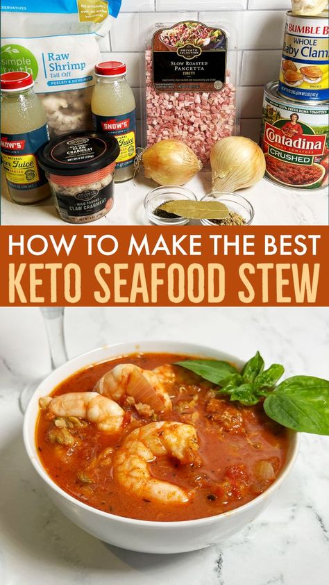 Keto Seafood Stew (8G of Net Carbs) This is a rustic peasant fish stew made famous in San Francisco with roots from Liguria, Italy. This version is easy to throw together as most of the ingredients are canned or frozen! But don't pass up an opportunity to sub fresh seafood when available! So simple yet so satisfying. Want 20% off your Ketonia order? Text KETOFAM to 289-797-3165 now! Let's go! https://ketoniafoods.com/recipes/how-to-make-the-best-keto-seafood-stew Heathy Soup, Low Carb Seafood, Seafood Soup Recipes, Keto Seafood, Roasted Shrimp, Seafood Stew, Fish Stew, Liguria Italy, Keto Soup