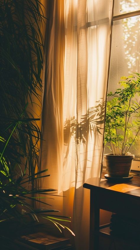 Sunlit Peaceful Corner: Warm #sunlight filters through sheer #curtains, casting a golden glow over a cozy indoor #plant. #indoor #warm #aiart #aiphoto #cozycorner ⬇️ Download and 📝 Prompt 👉 https://stockcake.com/i/sunlit-peaceful-corner_302261_410927 Sunlight In Room, Direct Sunlight Photography, Peaceful Living Room, Sunlight Aesthetic, Sunlight Photography, Window Photography, Window Nook, Plant Window, Plant Indoor