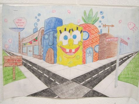 City in two point perspective Point Perspective Drawing Ideas, Two Point Perspective City, Perspective Drawing Ideas, Linear Perspective Drawing, 2 Point Perspective Drawing, 2 Point Perspective, Two Point Perspective, 8th Grade Art, Middle School Art Projects