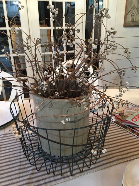 Displaying Antique Crocks, Antique Crate Ideas, Crock Fall Decorating Ideas, Large Wire Basket Decor Ideas, Old Crocks Decor Ideas Farmhouse, Crock Ideas Decor Farmhouse Style, Crock Arrangements, Old Buckets Ideas Rustic, Decorating With Crocks Display