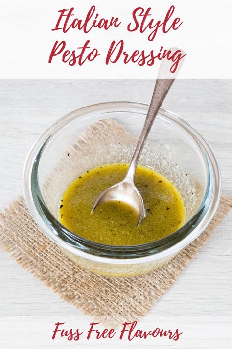 This is a simple Italian Style pesto salad dressing, which is perfect served with pizza. It's easy to make and the recipe is Keto, and Paleo friendly!  #pesto  #pestodressing #keto #paleo #saladdressing #italian Pesto Salad Dressing Recipes, Pesto Dressing Recipe, Pesto Dressing Salad, Pesto Vinaigrette Dressing, Basil Pesto Salad, Salad With Pesto Dressing, Pesto Salad Dressing, Diy Pesto, Italian Pesto