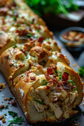 Food and Drink: #foodie, #recipes, #cooking, #food inspiration Easy Chicken Bacon Ranch Stromboli, Sandwiches To Feed A Crowd, Chicken Bacon Ranch Stuffed French Bread, Cooking For Guests Dinners, Chicken And Bread Recipes, Meals With Ranch, Chicken Bacon Ranch French Bread, Delicious Supper Ideas, Easy Meals For Guests Simple