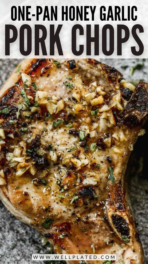 Juicy, tender, and oh-so-flavorful, this easy honey garlic pork chops recipe is quick to bake in the oven and a family favorite! Garlic Pork Chops, Thick Pork Chop Recipes, Oven Baked Pork Chops, Thick Pork Chop Recipe, Honey Garlic Pork Chops, Apple Walnut Salad, Pork Loin Chops, Weeknight Dinner Recipes Easy, Baked Pork