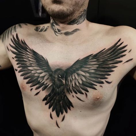 Black And White Chest Tattoo, Bird Chest Tattoo Men, Crow Chest Tattoo, Raven Chest Tattoo, Bird Chest Tattoo, Chest Tattoo Birds, Traditional Tattoo Dragon, Coloured Rose Tattoo, Black Crow Tattoos