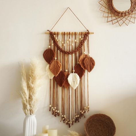 PRICES MAY VARY. 【High-Quality Material】- Our macrame wall art is handcrafted cotton cords, ensuring a clean and soft texture. 10 Macrame Leaf Wall Hanging with wood poles and wood beads as decoration, highly durable, sturdy and stable. This bohemian home decor is safe for your family 【Elegant Leaf Wall Decor】 - Elevate your home's ambiance with our Bohemian Macrame Wall decor, Simple and elegant tassel tapestry suitable for various decoration styles. This boho aesthetic wall hanging macrame wil Yarn Hanging Decor, Macrame Aesthetic Room, Fall Crafts Wall Decor, Dorm Room Tapestry Ideas, Fall Macrame Ideas, Rustic Boho Living Room Decor, Fall Hanging Decor, Autumn Macrame, Bathroom Earthy