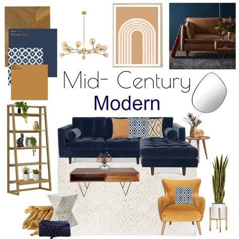 Mid- Century Interior Design Mood Board by Asscher Designs - Style Sourcebook Moodboard Interior Design Office, Bedroom Styles 2023, Modern Furniture Mood Board, Mid Century Living Room Mood Board, Mid Century Modern Navy Living Room, Modern Style Mood Board, Mid Century Mood Board Interior Design, Mid Century Modern Bedroom Mood Board, Mid Century Sofas