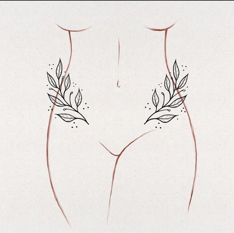 Nature Women Tattoo, Flowy Line Tattoo, Body Shaping Tattoos, Powerful Feminine Tattoos, Spinal Tattoos For Women, Sternum Tattoo Floral, Inner Hip Tattoos Women, Panty Line Tattoo, V Line Tattoos Women