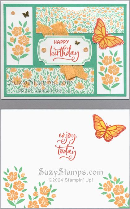 Stampin' Up! Birthday Cards - 2024-07 Stampin' Class - Fields In Bloom Stamp Set, Labeled With Love Stamp Set & Punch, Peach Pie 3/8″ Bordered Ribbon, 2024-2026 In Color Shimmer Gems, Brushed Brass Butterflies Stampin Up Labeled With Love Punch, Su Fields In Bloom Cards, Fields In Bloom Stampin Up Cards, Stampin Up Labeled With Love, Labeled With Love Stampin Up Cards, Catalog Ideas, Class Labels, Stampin Up Birthday Cards, Cardmaking Ideas