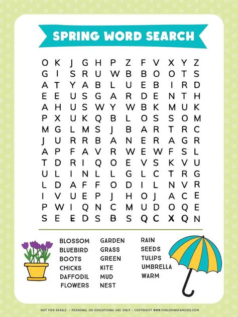 Here's a printable Spring word search for kids! Parents and teachers can download and print as many as you need for a fun and challenging Spring activity for kids! Spring Word Search, Spring Worksheet, Free Printable Word Searches, Children's Church Crafts, Spring Words, Word Search Printables, Activity Sheets For Kids, Free Printable Activities, Kindergarten Printables