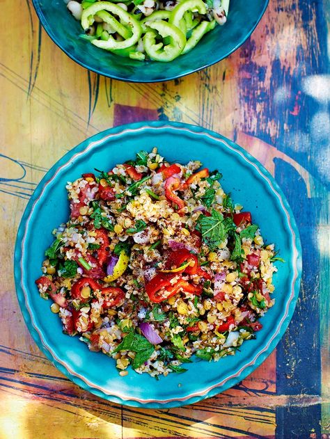 Bulgur Wheat & Lentil Salad | Vegetable Recipes | Jamie Oliver Bulgur Wheat Recipes, Bulgur Recipes, Lentil Salad Recipes, Tabbouleh Recipe, Bulgar Wheat, Bulgur Wheat, Bulgur Salad, Vegan Summer Recipes, Wheat Recipes