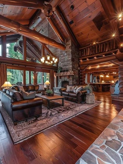 Cabin Style House Interiors, Barndominium Wood Interior, Wooden Cabin Kitchen, Wooden Mansion Interior, Country Office Ideas, Log Cabin Interior Ideas, Log Home Interior, Mountain Home Exterior, Log Cabin Interior