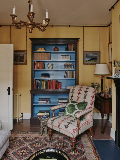 Carlos Garcia brings colour and pattern to an Arts & Crafts flat in London | House & Garden Striped Tile, Blue Bench, Victorian Tiles, London Flat, London House, House Inside, Yellow Walls, Green Tile, Wall Mounted Shelves